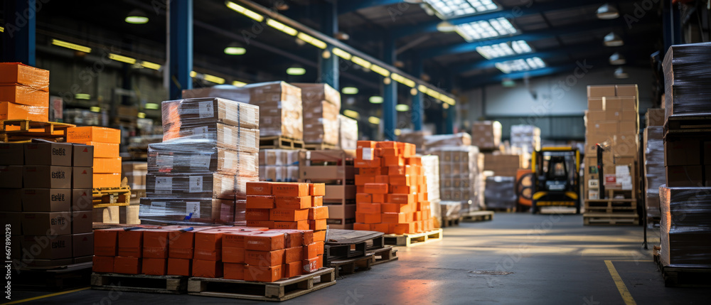 Retail Warehouse full of Shelves with Goods in Cardboard Boxes, Workers Scan and Sort Packages, Move Inventory with Pallet Trucks and Forklifts. Product Distribution Delivery Center.