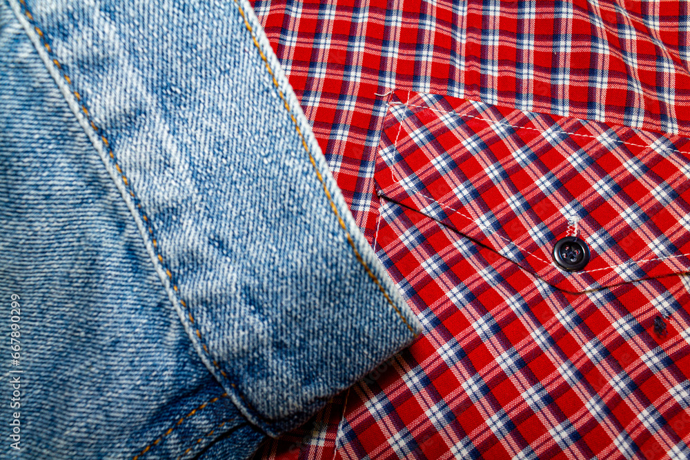 red-and-white checkered cotton fabric and blue denim fabric red-and-white checkered cotton fabric and blue denim fabric