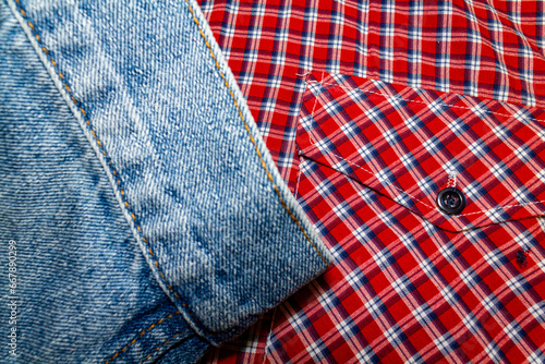 red-and-white checkered cotton fabric and blue denim fabric