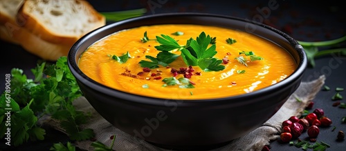 Soup made with sweet potatoes and carrots served in winter photo