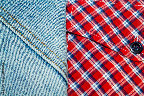 red-and-white checkered cotton fabric and blue denim fabric