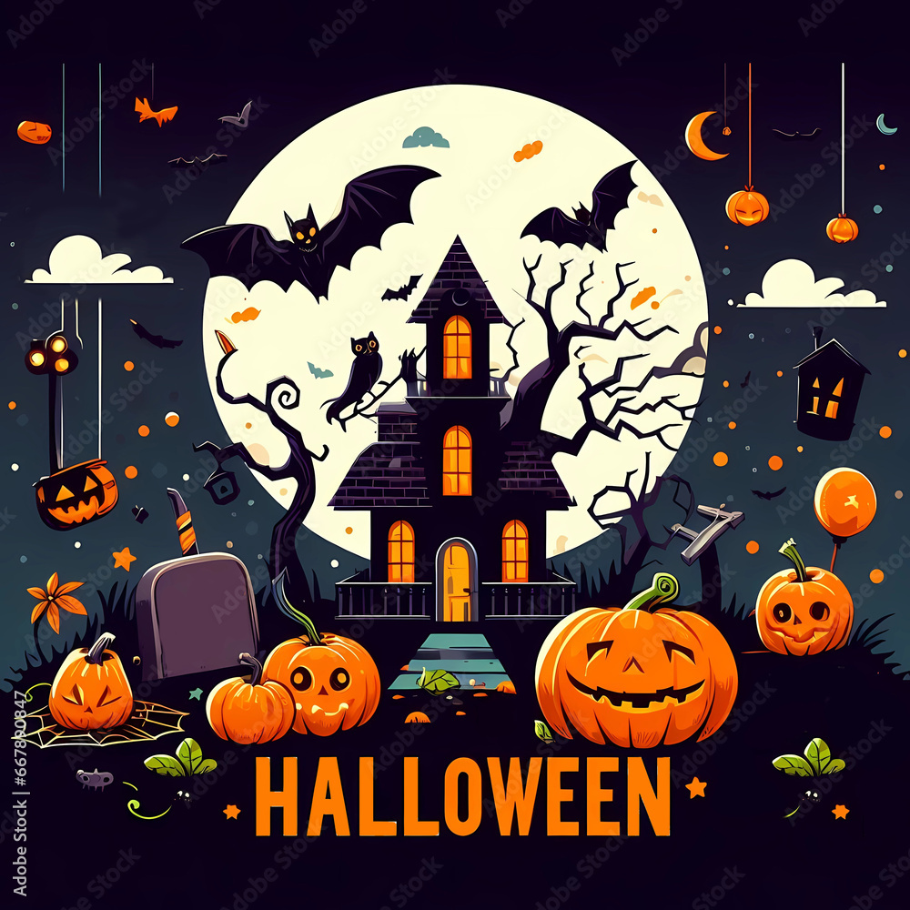 Fototapeta premium Spooky Halloween illustration concept with pumpkins, moon, bats and old house.