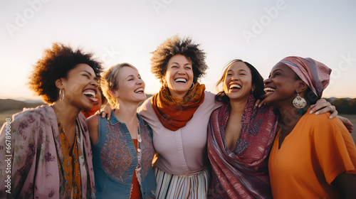 mujeres de diversas razas y edades ríen y son felices photo