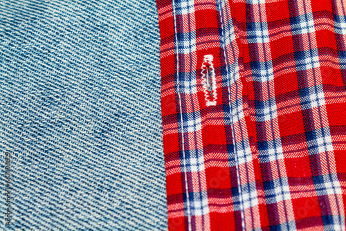 red-and-white checkered cotton fabric and blue denim fabric