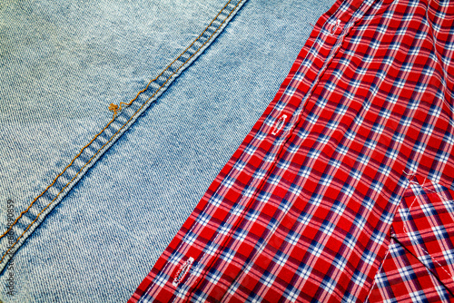 red-and-white checkered cotton fabric and blue denim fabric