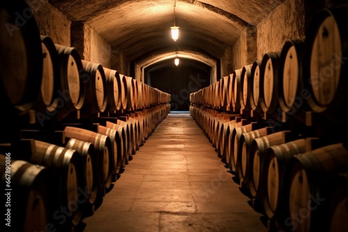 Wine storage barrels in a cellar. Generative AI