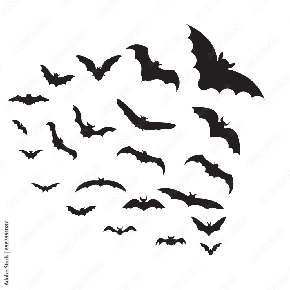 Naklejka premium Black silhouettes of halloween bats set on white background