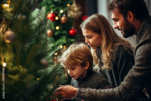 happy family - father, mother and son - decorating christmas tree together in living room at home