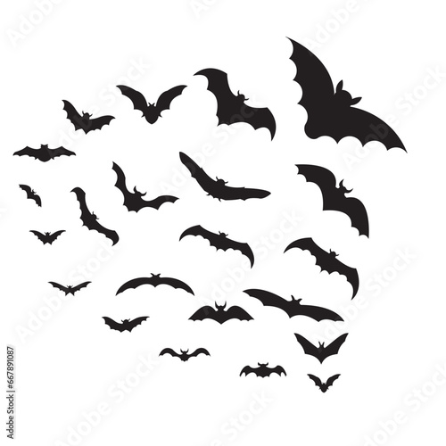 Black silhouettes of halloween bats set on white background