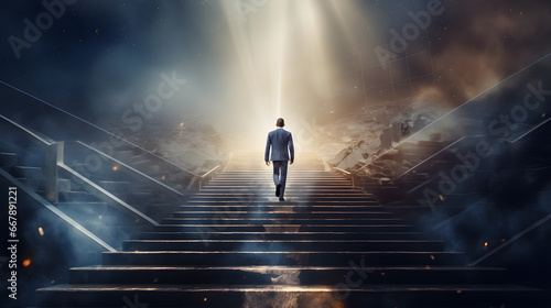 Ambition businessman climbing the stairs to success. Career ambitious path success, future planning and business competitions concept photo