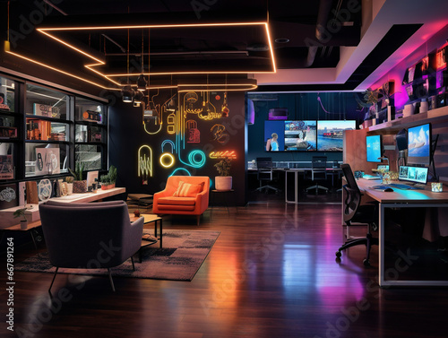 A vibrant and innovative tech startup office, illuminated with dazzling neon lights and creative designs.