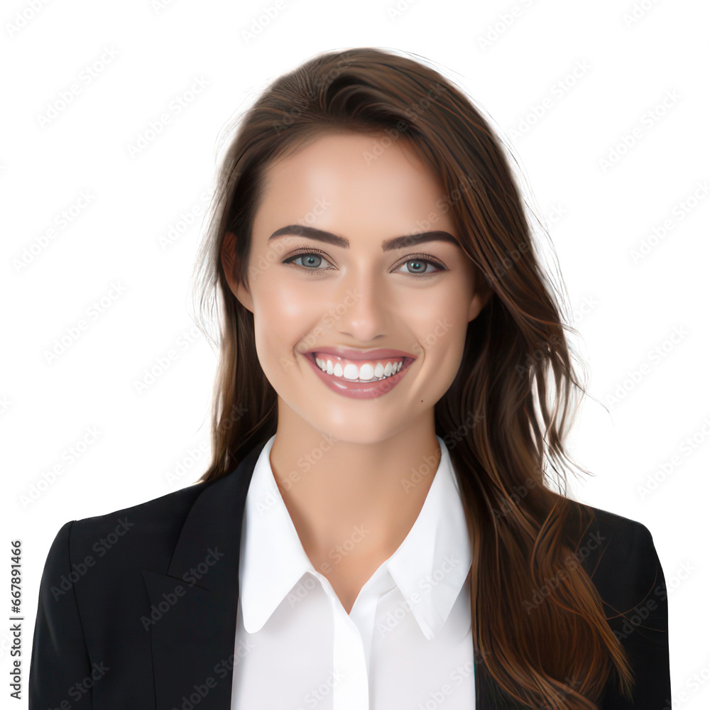 Portrait of a beautiful young woman smiling with clean teeth in business suit isolated on white created with Generative AI Portrait of a beautiful young woman smiling with clean teeth in business suit isolated on white created with Generative AI