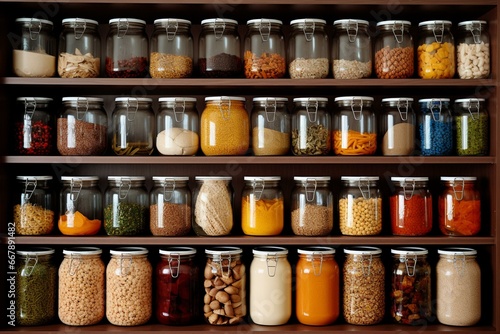 tidy pantry with neatly organized jars and cans. Generative AI photo