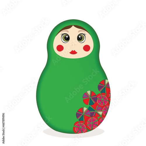 Russian Matryoshka. Traditional Russian folklore dolls with big eyes and lips. Babushka doll with hohloma, traditional painted floral pattern. Hand drawn vector illustration