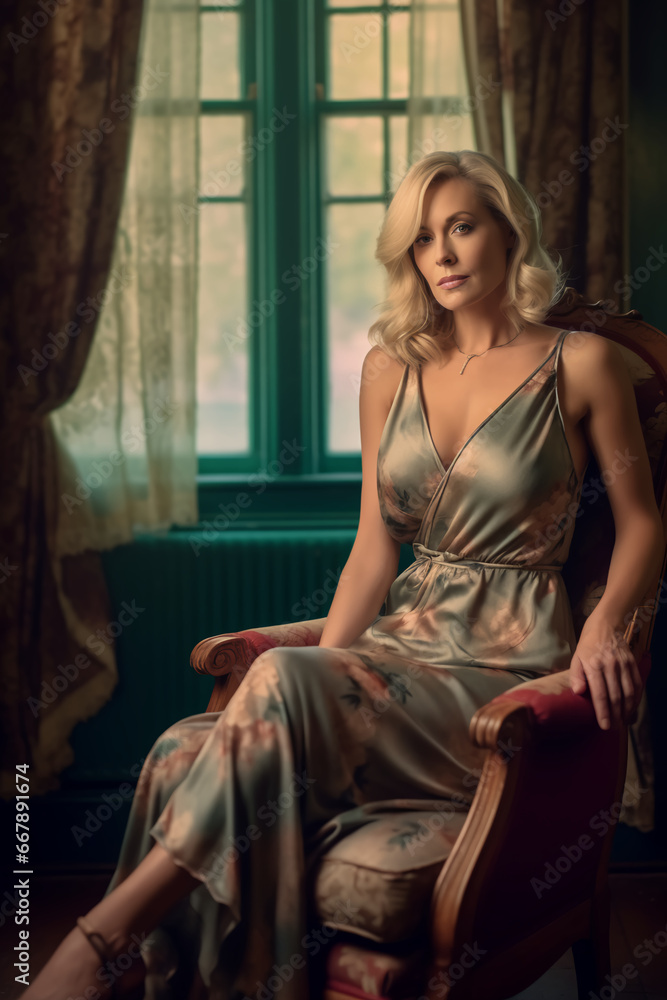 Photo of an attractive middle aged woman, blonde hair, wearing a silk dress, elegant room, summer