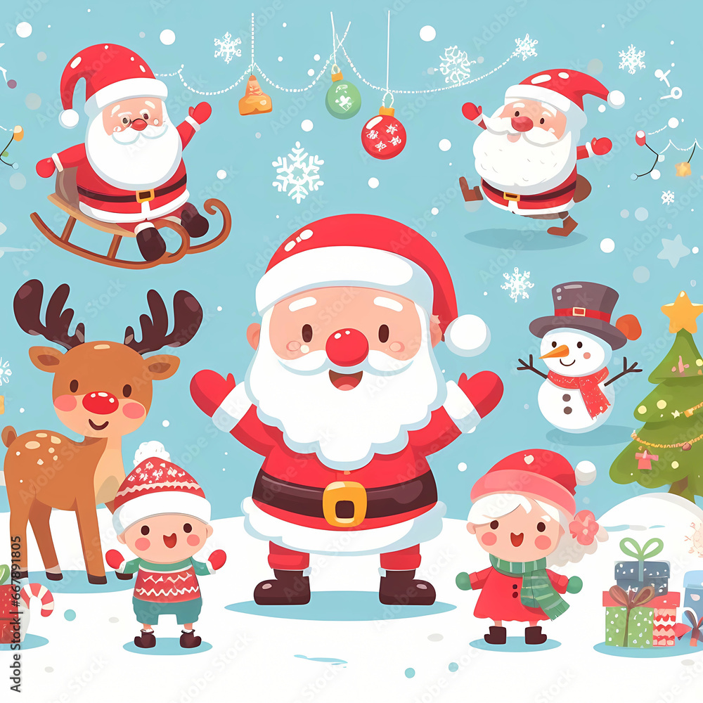 Christmas illustration concept. Santa smiling with reindeer and childrens on the snow. Christmas illustration concept. Santa smiling with reindeer and childrens on the snow.