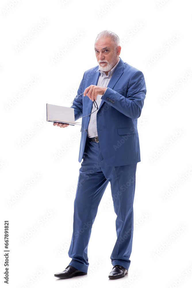 Old businessman holding book isolated on white Old businessman holding book isolated on white