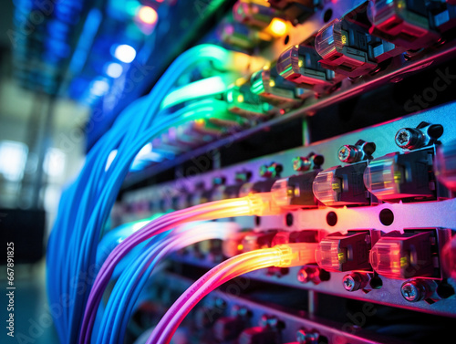 An intricate web of fiber optic cables powering a high-tech infrastructure in vibrant colors.