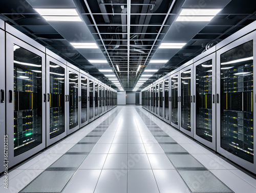 A panoramic view of a futuristic data center with rows of server racks and equipment.