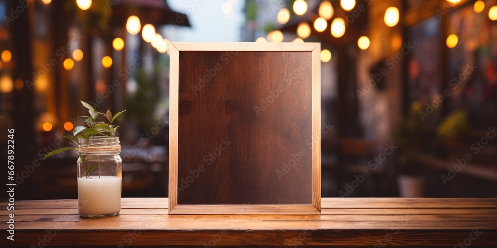 Mockup Wooden menu in evening restaurant, space for your text. Generative AI - obrazy, fototapety, plakaty 