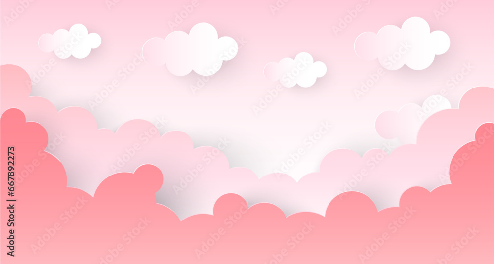 Beautiful paper cut pink  sky with clouds . Vector background