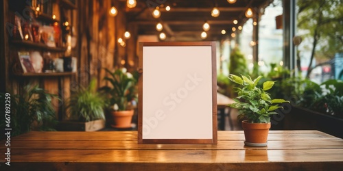 Mockup for menu in wooden frame on table, space for your text or product. Generative AI