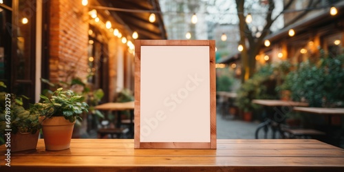 Mockup for menu in wooden frame on table, space for your text or product. Generative AI photo