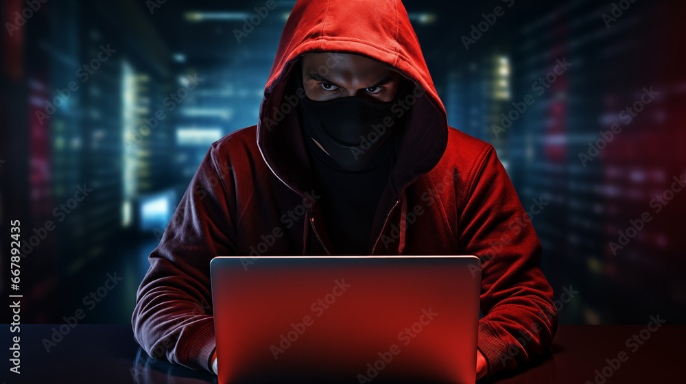 masked hacker behind a laptop. Villain cybercriminal masked hacker behind a laptop. Villain cybercriminal