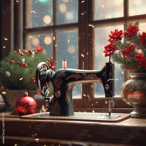 Vintage retro sewing machine on window with christmas flowers. Christmas tree, giftbox, Christmas environment, Decorative home cozy background.
Watercolor vintage sewing composition with dusty rose.