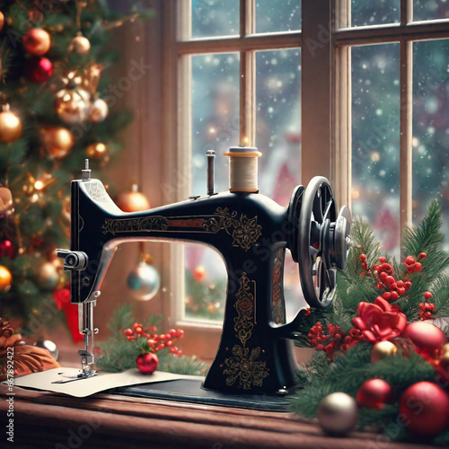 Vintage retro sewing machine on window with christmas flowers. Christmas tree, giftbox, Christmas environment, Decorative home cozy background.
Watercolor vintage sewing composition with dusty rose.