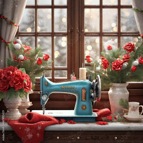 Vintage retro sewing machine on window with christmas flowers. Christmas tree, giftbox, Christmas environment, Decorative home cozy background.
Watercolor vintage sewing composition with dusty rose.