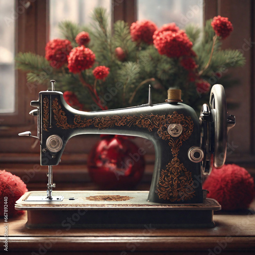 Vintage retro sewing machine on window with christmas flowers. Christmas tree, giftbox, Christmas environment, Decorative home cozy background.
Watercolor vintage sewing composition with dusty rose.