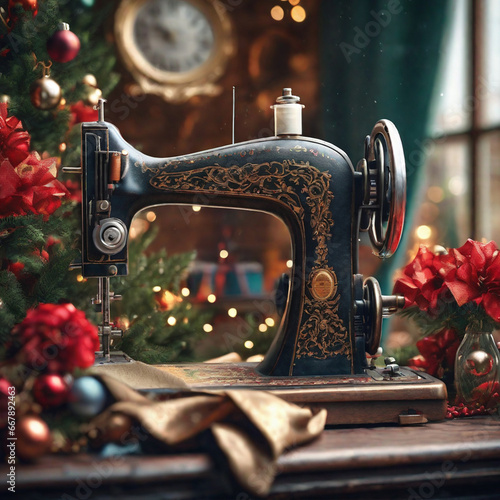 Vintage retro sewing machine on window with christmas flowers. Christmas tree, giftbox, Christmas environment, Decorative home cozy background.
Watercolor vintage sewing composition with dusty rose.