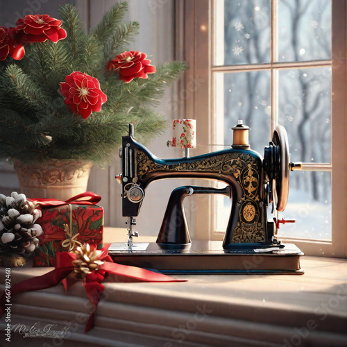 Vintage retro sewing machine on window with christmas flowers. Christmas tree, giftbox, Christmas environment, Decorative home cozy background.
Watercolor vintage sewing composition with dusty rose.