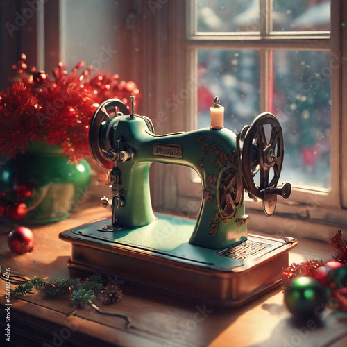 Vintage retro sewing machine on window with christmas flowers. Christmas tree, giftbox, Christmas environment, Decorative home cozy background.
Watercolor vintage sewing composition with dusty rose.