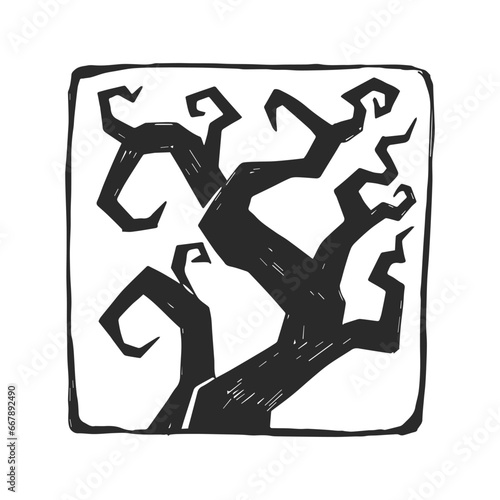 Vector vintage illustration of dead tree in linocut style. Hand drawn Halloween symbol.