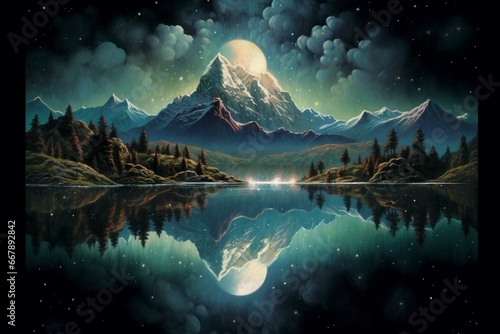 A nocturnal landscape featuring a mountain, a lake, a full moon, and star-studded skies mirrored on the water's surface. Generative AI