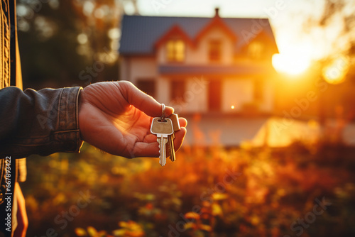 Hand holding key of nice new home in bright morning light on background. Leasing of real estate agent, investment buying rent property apartment with a mortgage, moving to a house of dreams concept