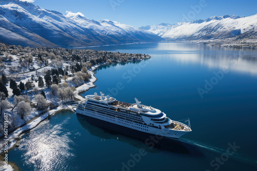 Cruise passenger ship ferry transport in the Arctic with beautiful nature snowy mountains in the background and blue sky. Adventure tourism and travel to unusual places concept photo