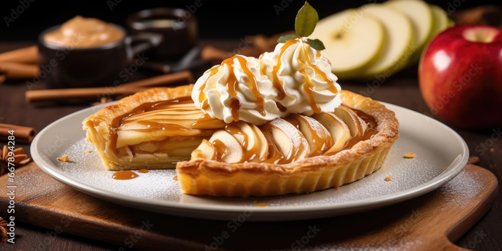 An elegant swirl of brandyinfused er adorning a slice of warm apple tart. As the er melts into the flaky pastry, it blends with the sweet, tart apples and creates a harmonious balance of - obrazy, fototapety, plakaty 