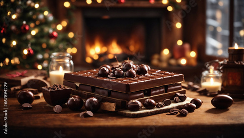 Cioccolata su un tavolo natalizio con caminetto e albero di Natale photo