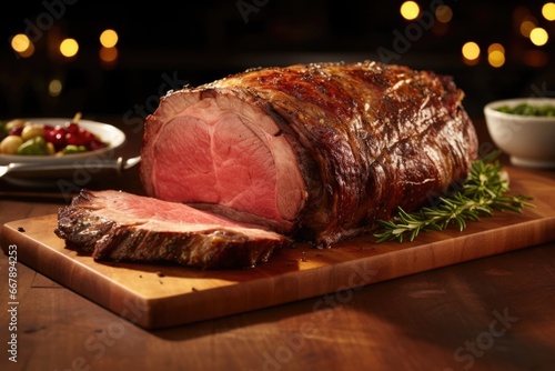 A platter bearing a thick prime rib roast becomes the centerpiece of a table, capturing attention with its magnificent presence. Enhanced by a perfectly seasoned crust, the meat reveals
