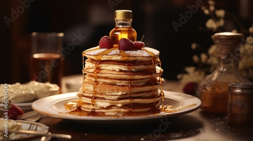 A lavish spread of brandy er cascading down a stack of fluffy ermilk pancakes, leaving a trail of tantalizing aroma in its wake. The ers subtle sweetness perfectly complements the pancakes © Justlight