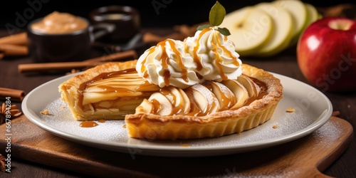 An elegant swirl of brandyinfused er adorning a slice of warm apple tart. As the er melts into the flaky pastry, it blends with the sweet, tart apples and creates a harmonious balance of