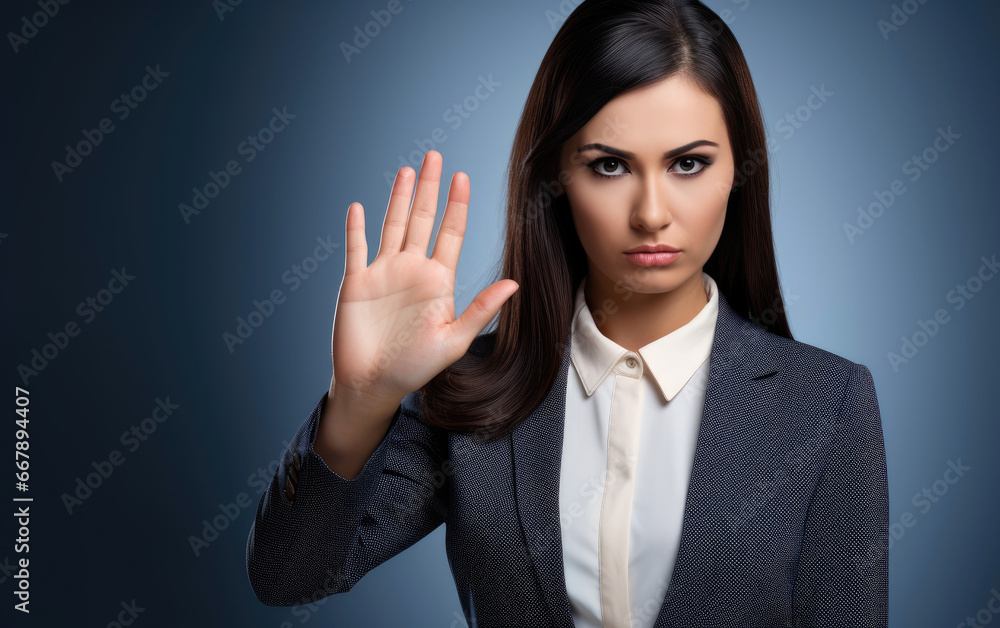 Businesswoman is showing her hand a stop sign Businesswoman is showing her hand a stop sign
