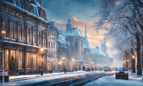 Winter city with houses in snow, decorated for Christmas holidays. Empty street of Europe town with home buildings, lights in windows on holiday evening. European cityscape panorama
