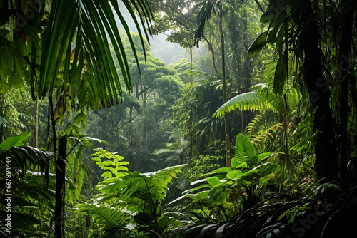 Lush tropical green forest with diverse flora. Tall majestic trees and small bushes and ferns. The sun's rays break through the dense crown of trees