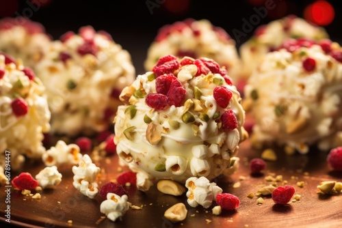 For a touch of elegance, these popcorn balls are decadently coated in a luscious layer of white chocolate and delicately studded with dried raspberries and crushed pistachios, providing