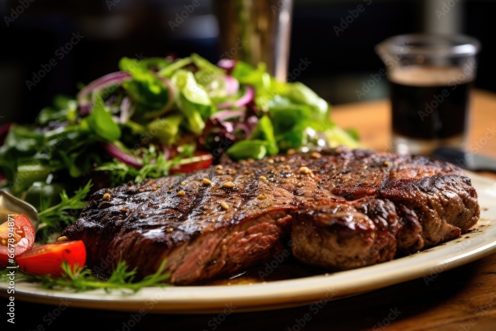 A beautifully seared, bonein ribeye, displaying a gorgeous marbling that promises an explosion of flavor upon the first bite, accompanied by a vibrant salad of mixed greens, fresh herbs, A beautifully seared, bonein ribeye, displaying a gorgeous marbling that promises an explosion of flavor upon the first bite, accompanied by a vibrant salad of mixed greens, fresh herbs,
