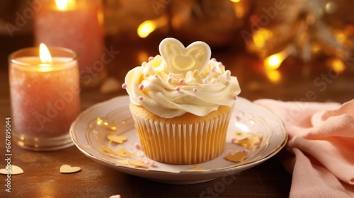 A decadent cupcake featuring a moist and zesty lemon cake base, elegantly crowned with a light citrus ercream that has been skillfully shaped into a charming heart design. The delicate sugar